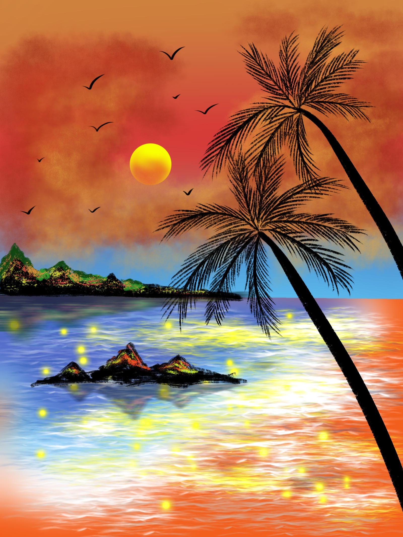 夕阳椰树海景插画